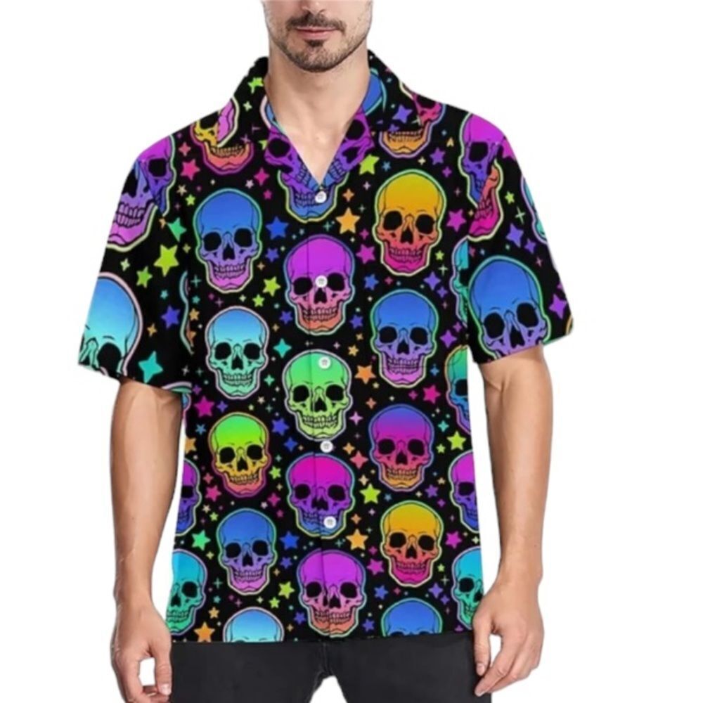 Skulls Psychedelic Print Pattern Button Up Collar Front Pocket Shirt Medium